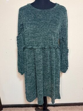 Ro & De Green Marled Knit Sweater Dress Babydoll Style Flowy Medium Boho Cottage